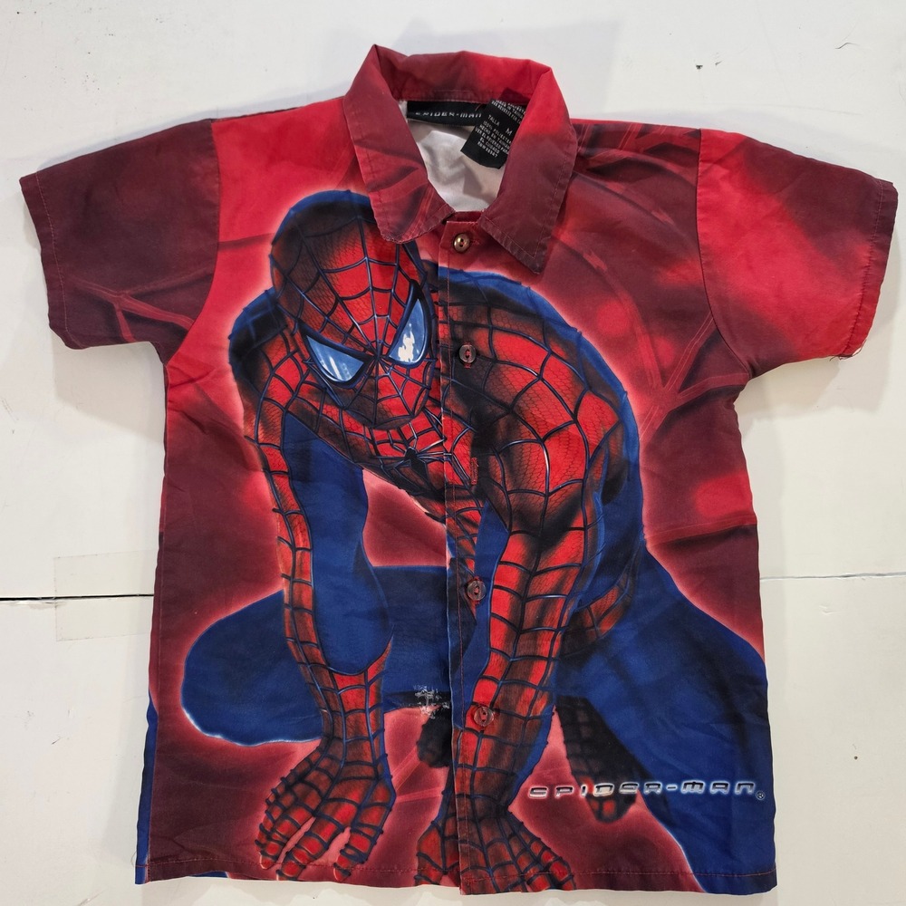 Spider-Man Marvel Comics Boys Medium Red Blue Short Sleeve Button Down Shirt